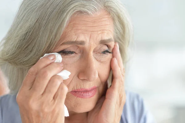 Close Portrait Stressed Senior Woman Crying — Stock Photo, Image