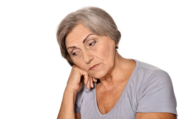 Triest Senior Vrouw Poseren Geïsoleerd Witte Achtergrond — Stockfoto