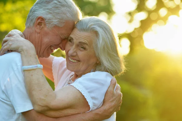 美丽的老年夫妇拥抱在公园 — 图库照片