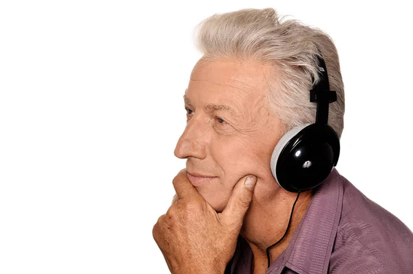 Senior Man Listen Music Headphones — Stock Photo, Image