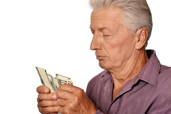 Älterer Mann Mit Dollars Auf Weißem Hintergrund — Stockfoto