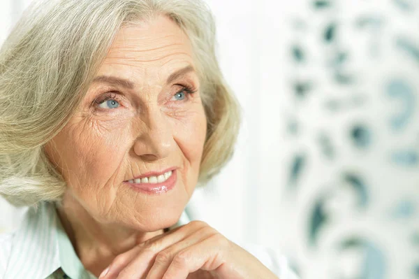 Portret Van Een Gelukkige Oudere Vrouw Thuis — Stockfoto