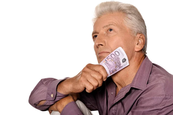 Пожилой Человек Держит Евро Изолированы Белом Фоне — стоковое фото