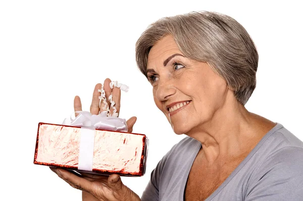 Portrait Smiling Senior Woman Posing Present Isolated White Background — Stock Photo, Image