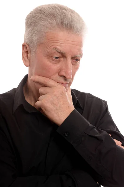 Portret Van Senior Man Denken Geïsoleerd Witte Achtergrond — Stockfoto