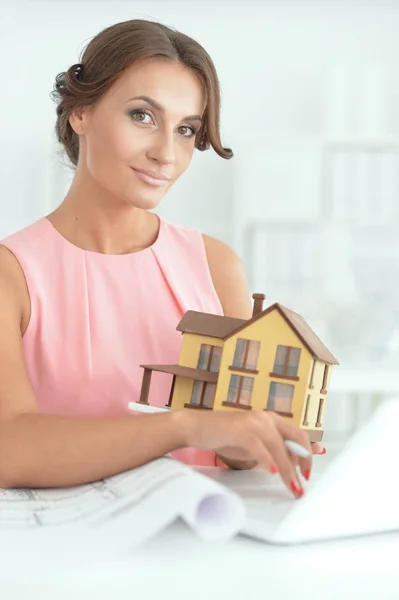 Beautiful Young Businesswoman Architect Working Office — Stock Photo, Image