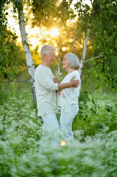 美丽的老年夫妇在公园与鲜花 — 图库照片