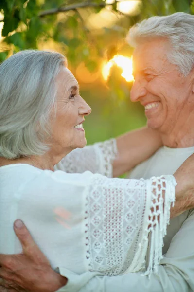 Beau Couple Aîné Étreignant Dans Parc — Photo