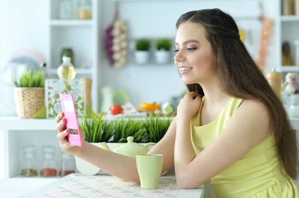 Cute Girl Drinking Tea Taking Selfie — Stock Photo, Image