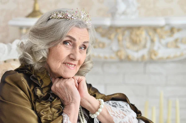 Beautiful Senior Woman Queen Indoors — Stock Photo, Image