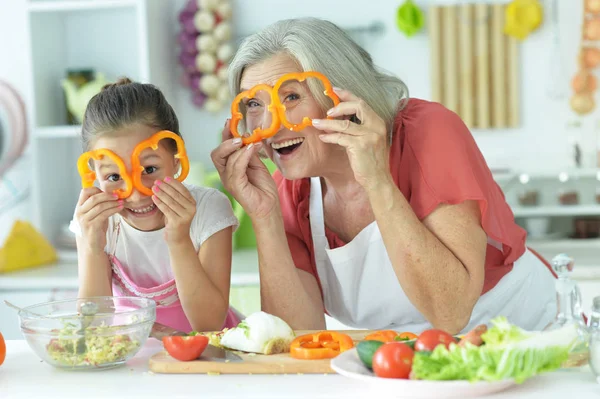 Cute Little Girl Her Grandmother Cooking Together Kitchen Table — Stock Photo, Image
