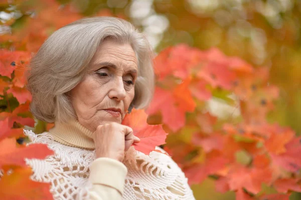 Грустная Пожилая Женщина Осеннем Парке — стоковое фото