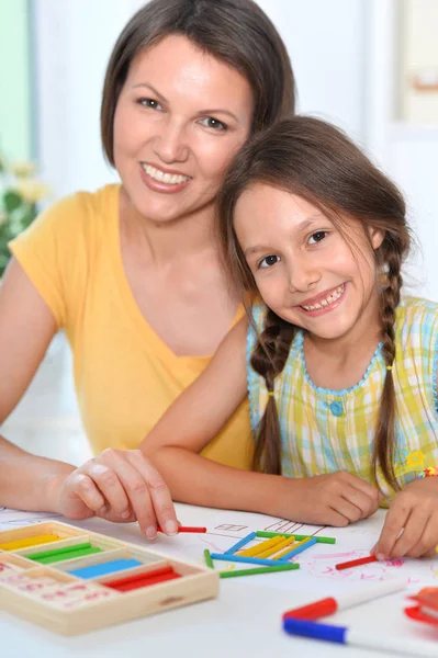 Close Portrait Charming Little Girl Mom Learn Count Sticks — Stock Photo, Image