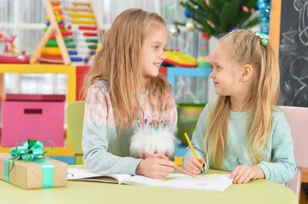 Cute Little Sisters Drawing Pencils — Stock Photo, Image