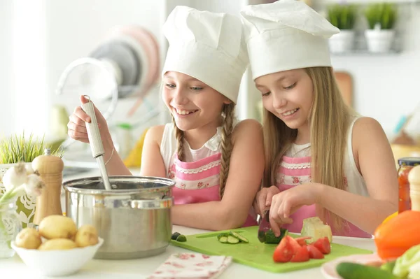 Cute Girls Preparing Delicious Fresh Salad Kitchen — Stock Photo, Image