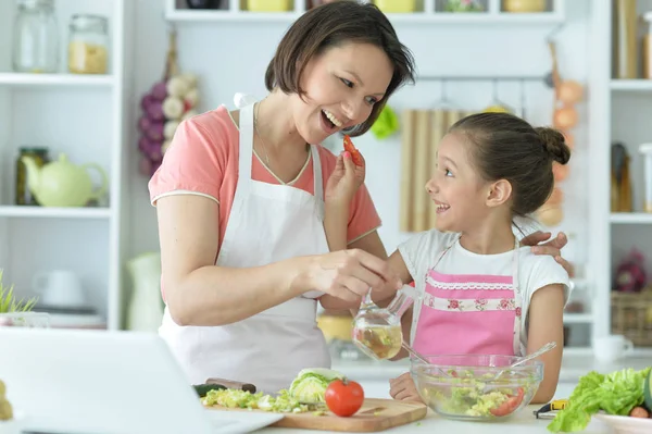 Cute Little Girl Her Mother Cooking Together Kitchen Table — Stock Photo, Image