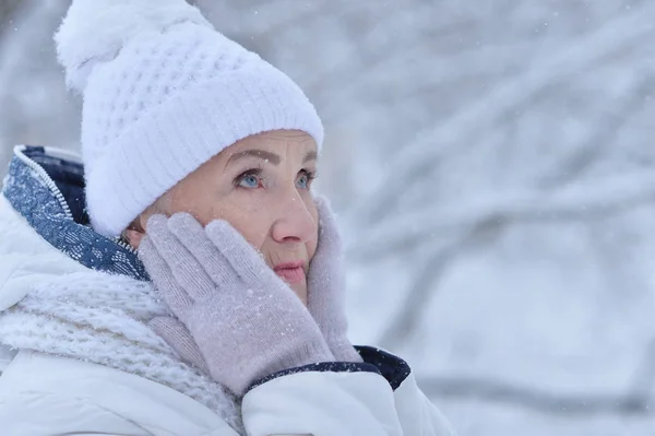 Красива Старша Жінка Позує Відкритому Повітрі Взимку — стокове фото