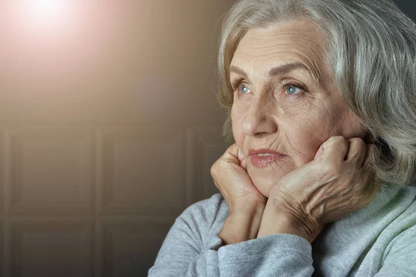 Close Portrait Sad Senior Woman Home — Stock Photo, Image