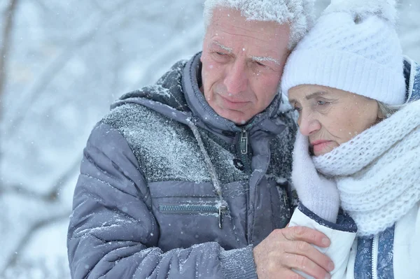 sad  senior couple at winter outdoors