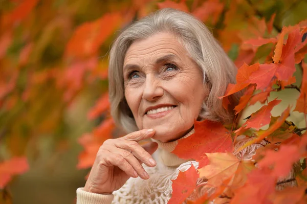 Happy Senior Woman Smiling Autumn Park — Stock Photo, Image