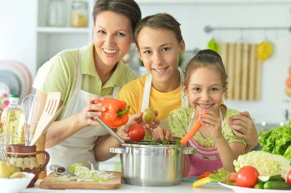 Cute Brother Sister Cooking Salad Together Kitchen — Stock Photo, Image