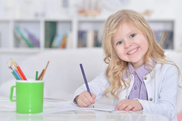 Cute Smiling Girl Drawing Home — Stock Photo, Image