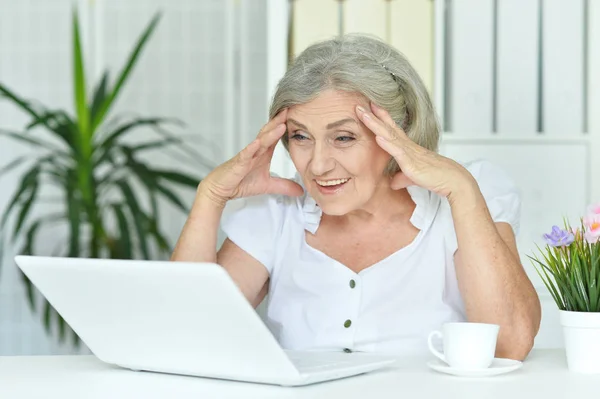 Mujer Mayor Feliz Usando Ordenador Portátil Casa —  Fotos de Stock