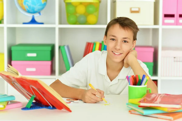 Smiling Teen Boy Drawing Home — Stock Photo, Image