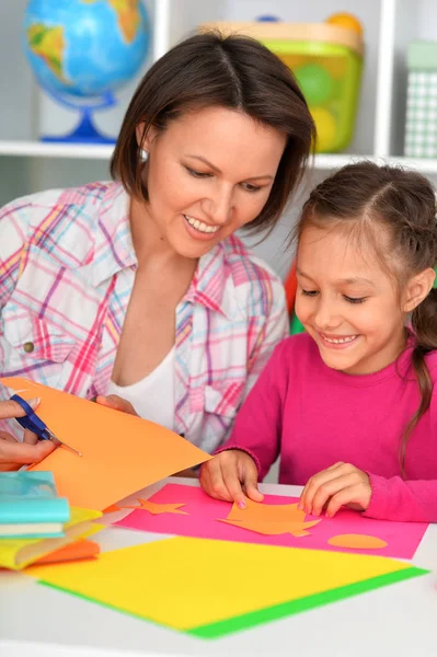Mother Daughter Gluing Cutting Paper Greeting Card — Stock Photo, Image