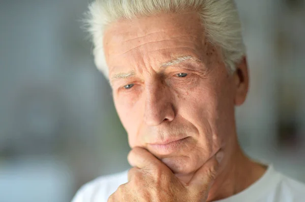 Close Portrait Thoughtful Senior Man Home — Stock Photo, Image