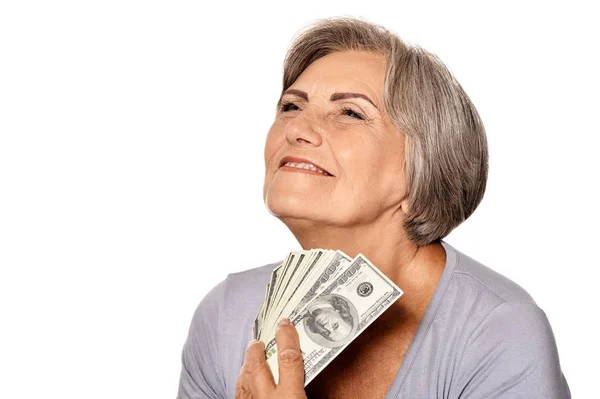 Ευτυχής Ηλικιωμένη Γυναίκα Δολάρια Άσπρο Φόντο — Φωτογραφία Αρχείου