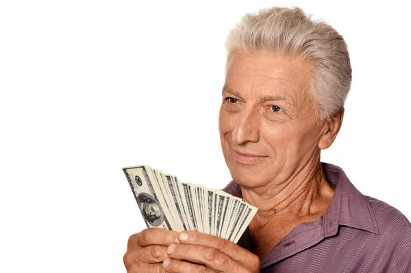 Homme Âgé Tenant Des Dollars Sur Fond Blanc — Photo