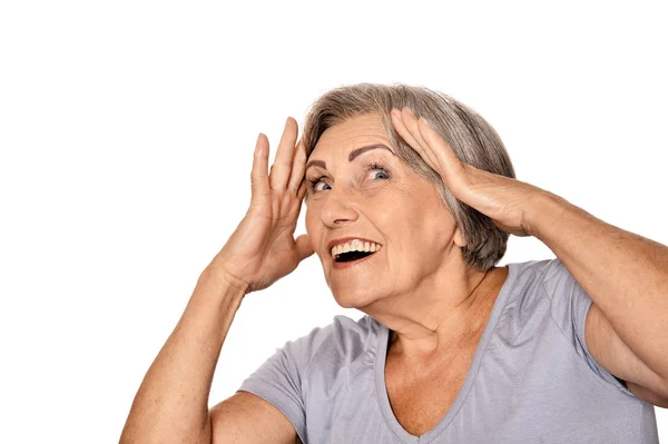 Sorpresa Donna Anziana Con Gli Occhi Spalancati Isolato Bianco — Foto Stock