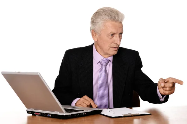 Old Businessman Working Laptop Isolated White Background — Stock Photo, Image