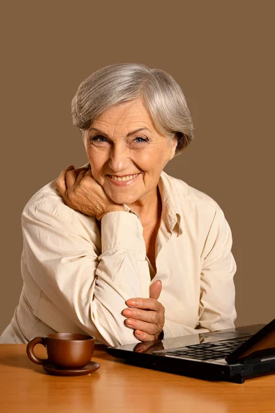 Dizüstü Bilgisayar Ile Masada Oturan Güzel Yaşlı Kadın Portresi — Stok fotoğraf