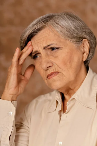 Close Portrait Sad Senior Woman Headache — Stock Photo, Image