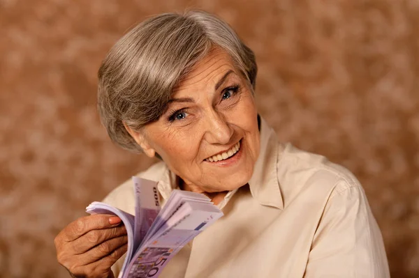 Happy Elderly Woman Euros — Stock Photo, Image