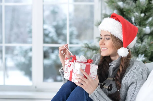 Porträt Einer Lächelnden Frau Mit Weihnachtsgeschenk — Stockfoto