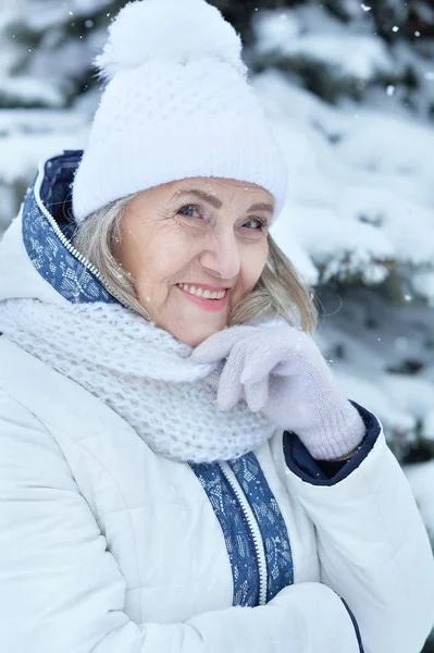 Beautiful Senior Woman Posing Outdoors Winter — Stock Photo, Image