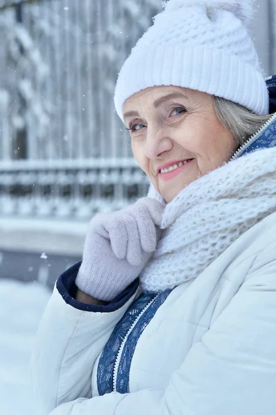 Beautiful Senior Woman Posing Outdoors Winter — Stock Photo, Image