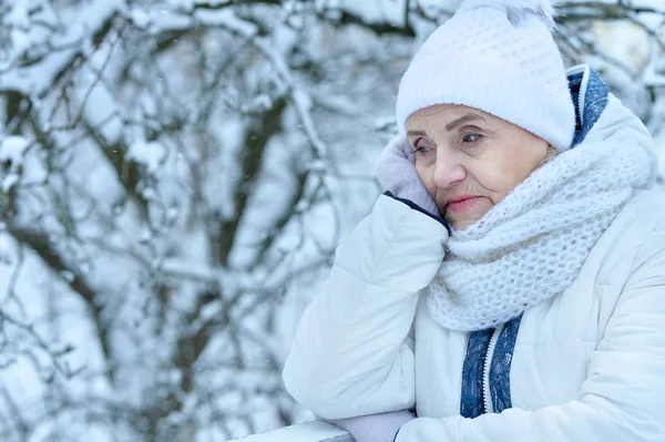 Frumoasă Femeie Vârstă Care Pozează Aer Liber Timpul Iernii — Fotografie, imagine de stoc