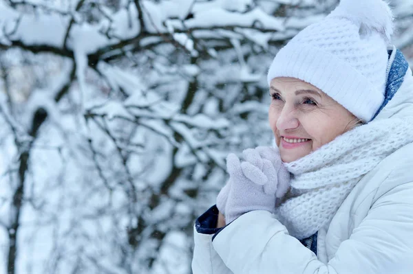 Gelukkig Senior Vrouw Poseren Buiten Winter — Stockfoto