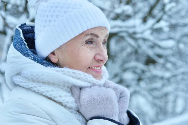 Kış Mevsiminde Dışarıda Poz Veren Mutlu Yaşlı Kadın — Stok fotoğraf