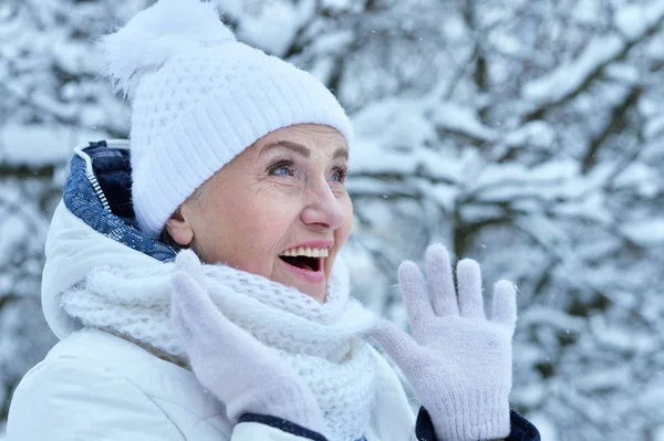 Щаслива Старша Жінка Позує Відкритому Повітрі Взимку — стокове фото