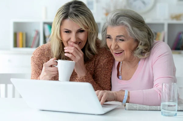 Duas Mulheres Idosas Usando Laptop Casa — Fotografia de Stock