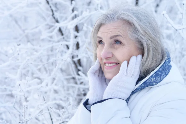 Heureuse Belle Femme Âgée Posant Dans Parc Hiver Enneigé — Photo