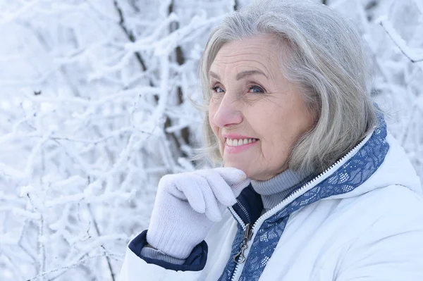 Счастливая Красивая Пожилая Женщина Позирует Снежном Зимнем Парке — стоковое фото