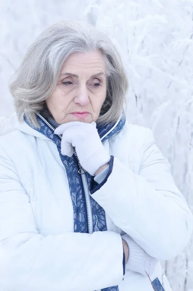 悲伤美丽的老妇人在雪地的冬日公园里摆姿势 — 图库照片