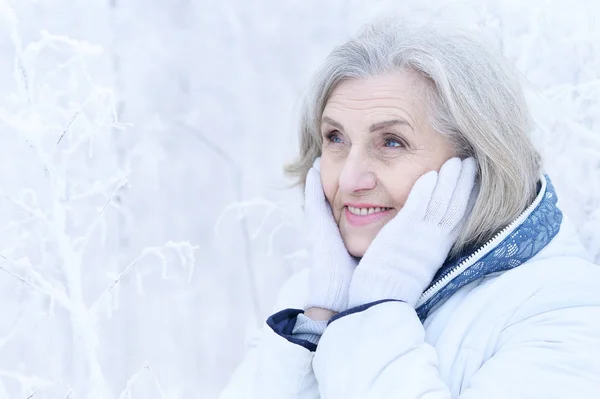 快乐美丽的老年女子在雪地的冬日公园里摆姿势 — 图库照片