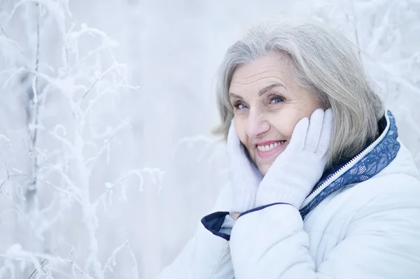 Heureuse Belle Femme Âgée Posant Dans Parc Hiver Enneigé — Photo